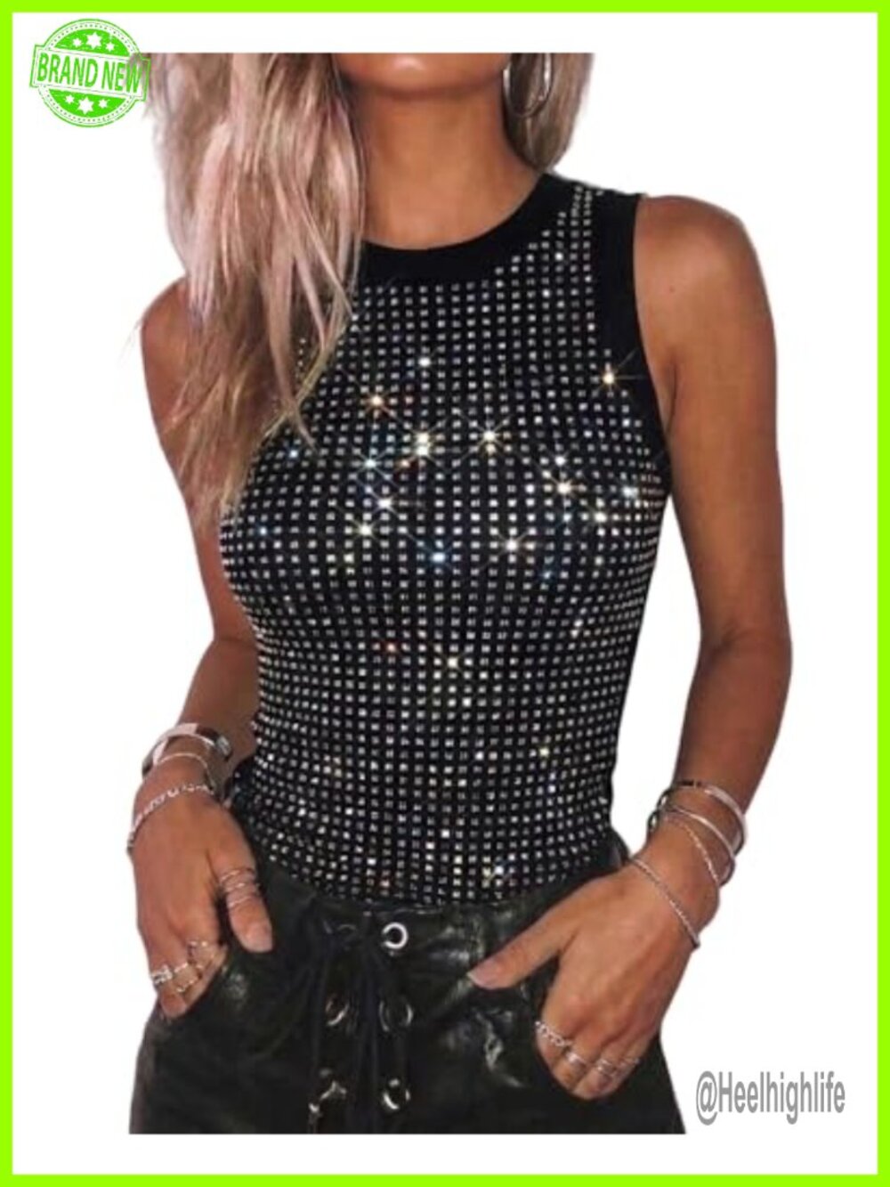 Rhinestone Sleeveless Tank Top Ribbed Slim Fit Y2K Going Out Party Top